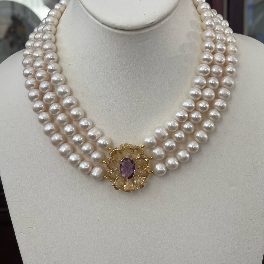 Amethyst & citrine freshwater pearl gold plated sterling silver necklace